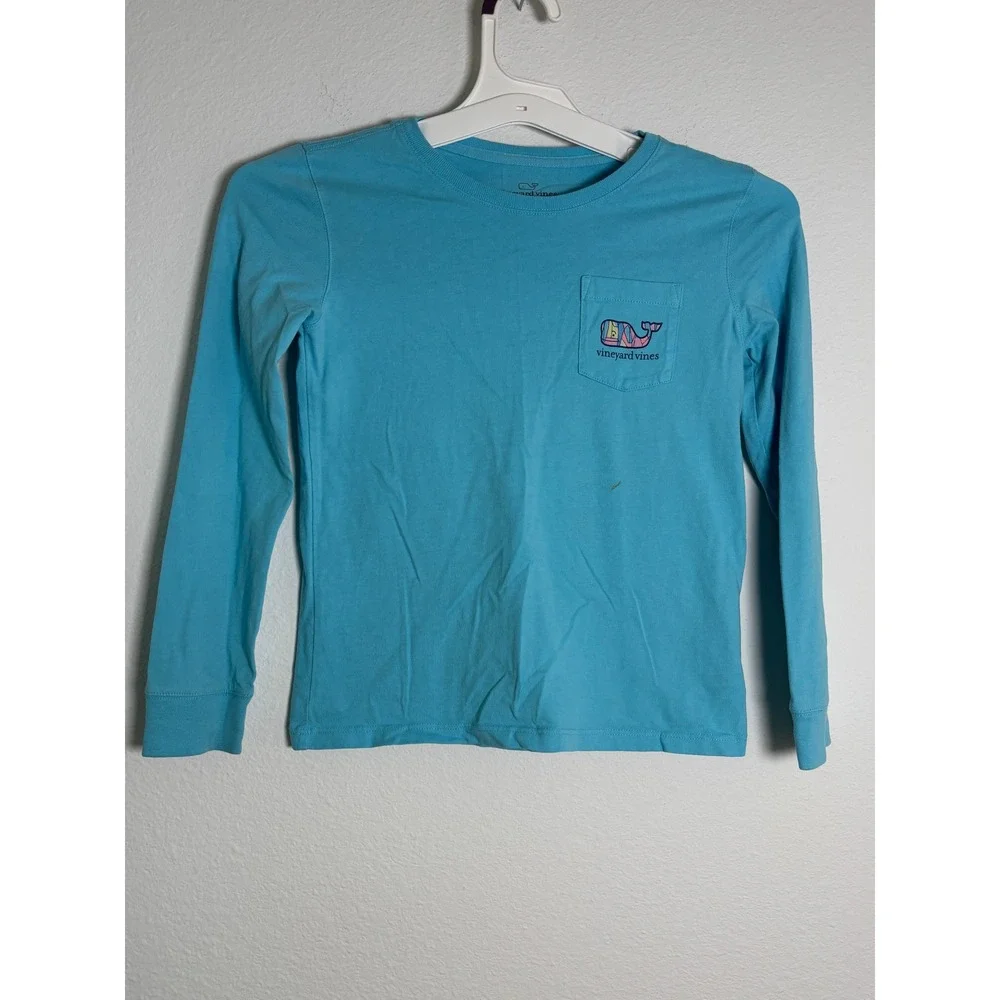 Vineyard Vines Boys Blue Whale‎ Logo Long Sleeve Pocket T-Shirt Size S 7-8